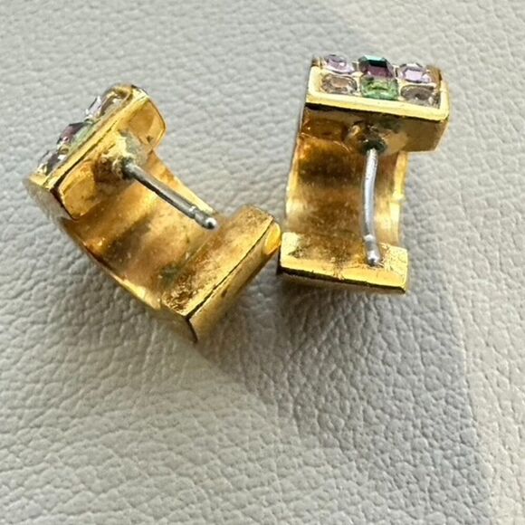 GIVENCHY Crystal Rhinestone Multi color Half Hoop Gold tone Earrings - Picture 7 of 7